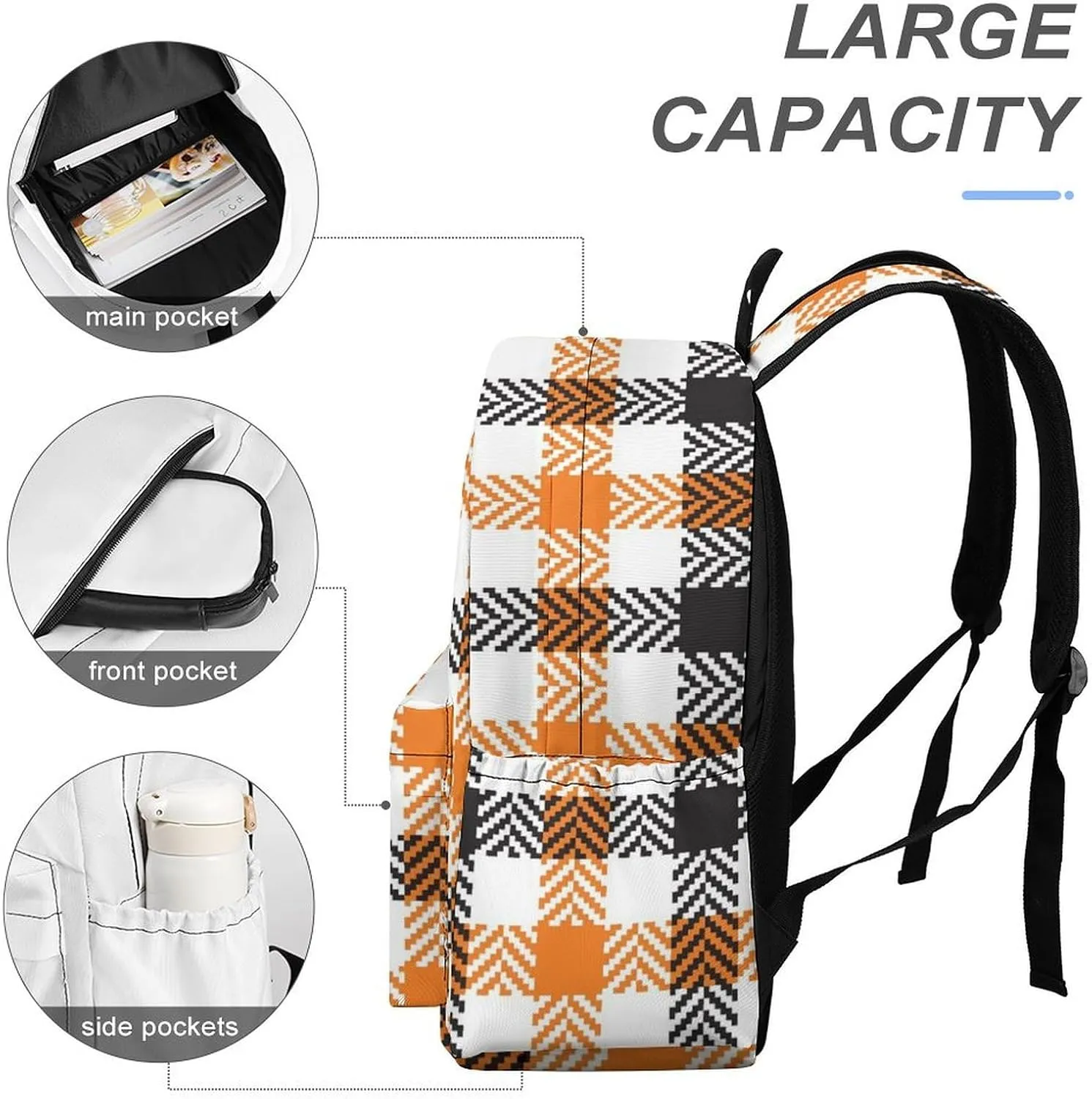 Black Orange White Gingham Casual Travel Backpack Lightweight with Multi Compartment Laptop Bagpack for Women Men Hiking Business Work