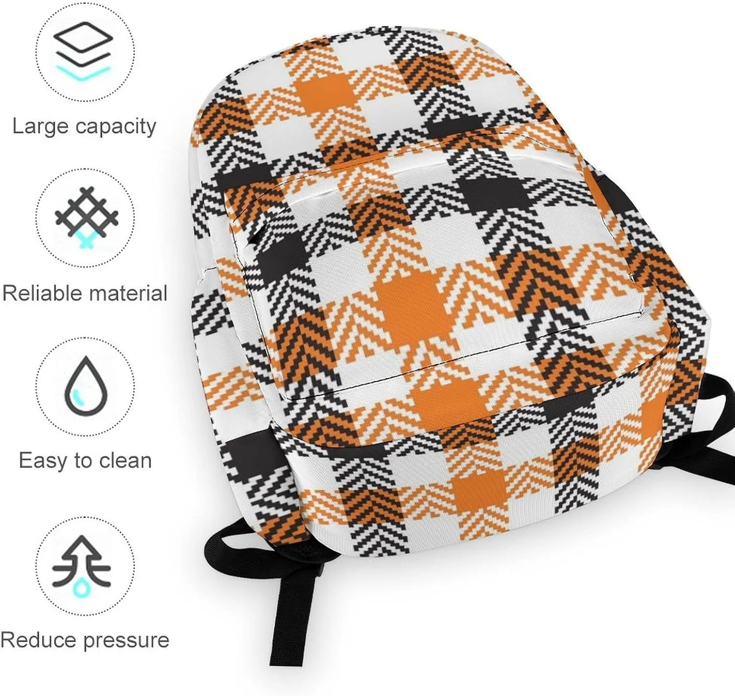 Black Orange White Gingham Casual Travel Backpack Lightweight with Multi Compartment Laptop Bagpack for Women Men Hiking Business Work