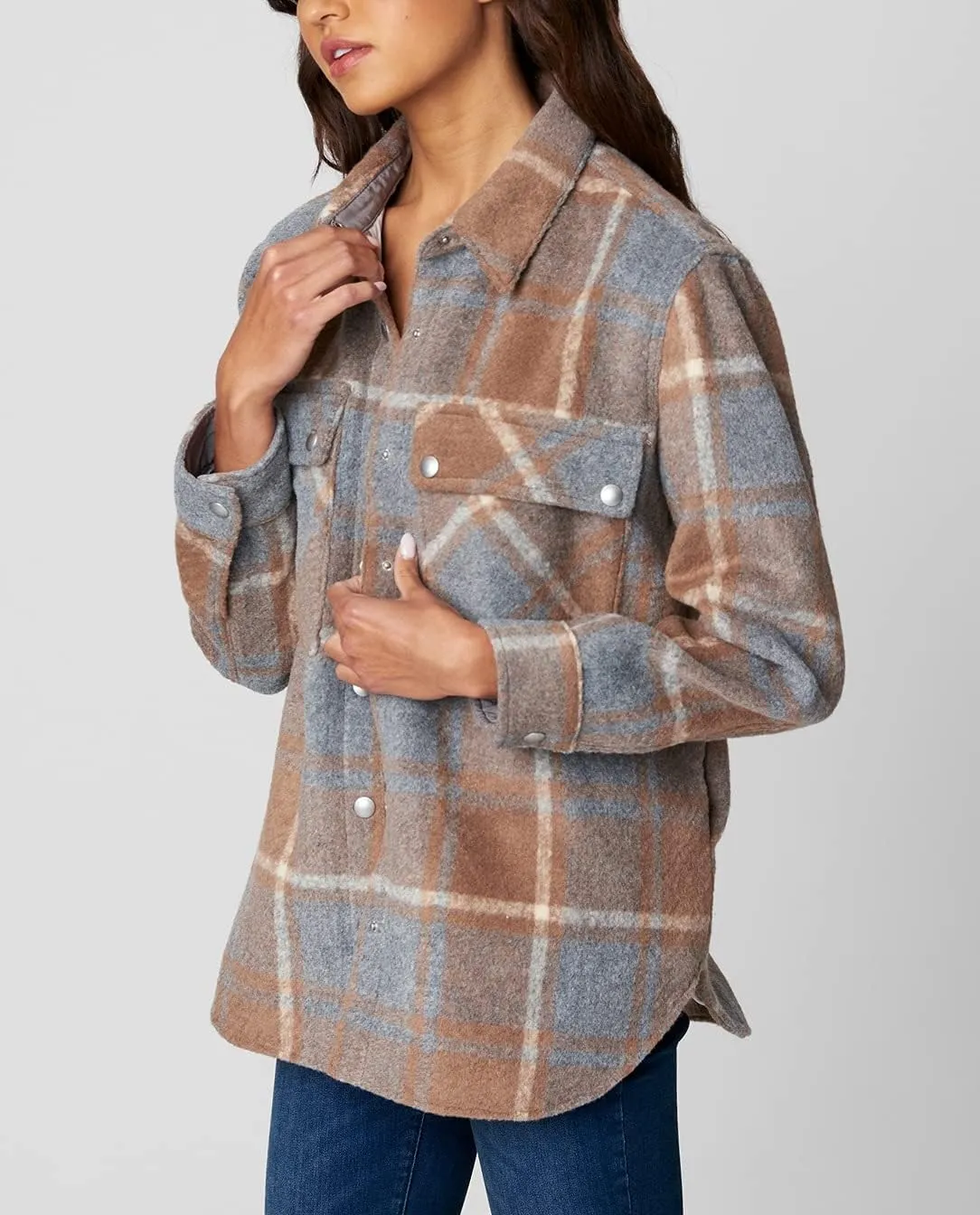 [BLANKNYC] Womens Oversized Flannel Shirt Jacket, Comfortable Long Sleeve & Stylish Coat, Mountain High, Medium