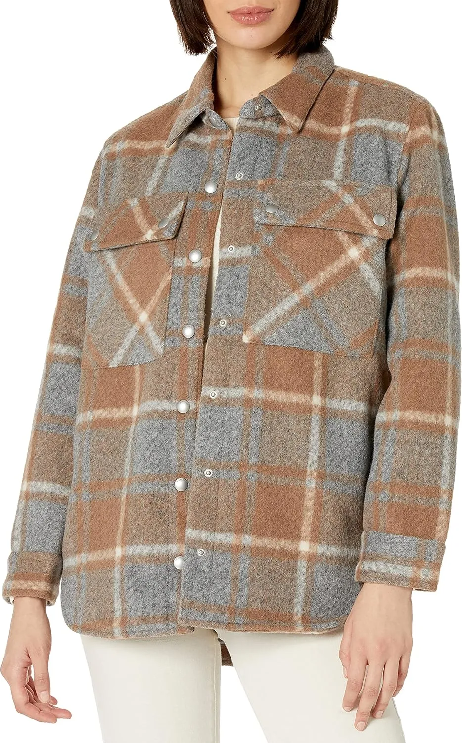 [BLANKNYC] Womens Oversized Flannel Shirt Jacket, Comfortable Long Sleeve & Stylish Coat, Mountain High, Medium