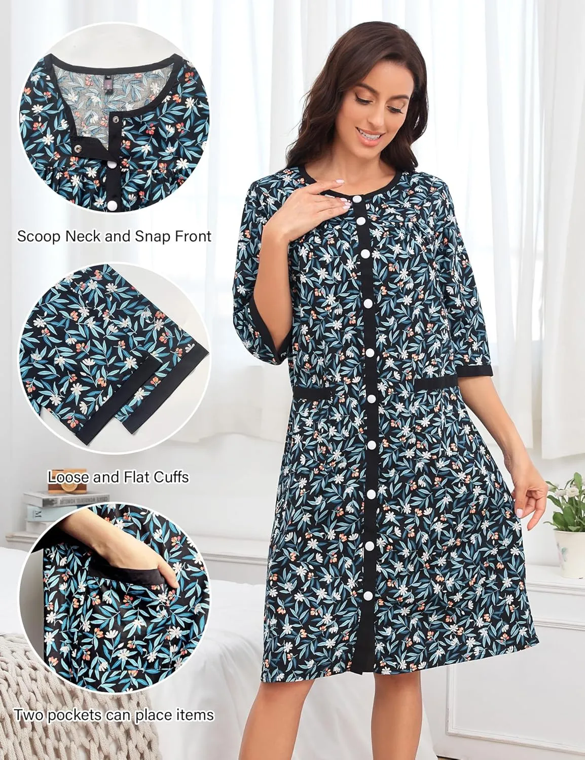 Bloggerlove House Dress Women Cotton Snap Front Nightgown 3/4 Sleeve Housecoat Duster Robe with Pockets Moomoo Patio Dress