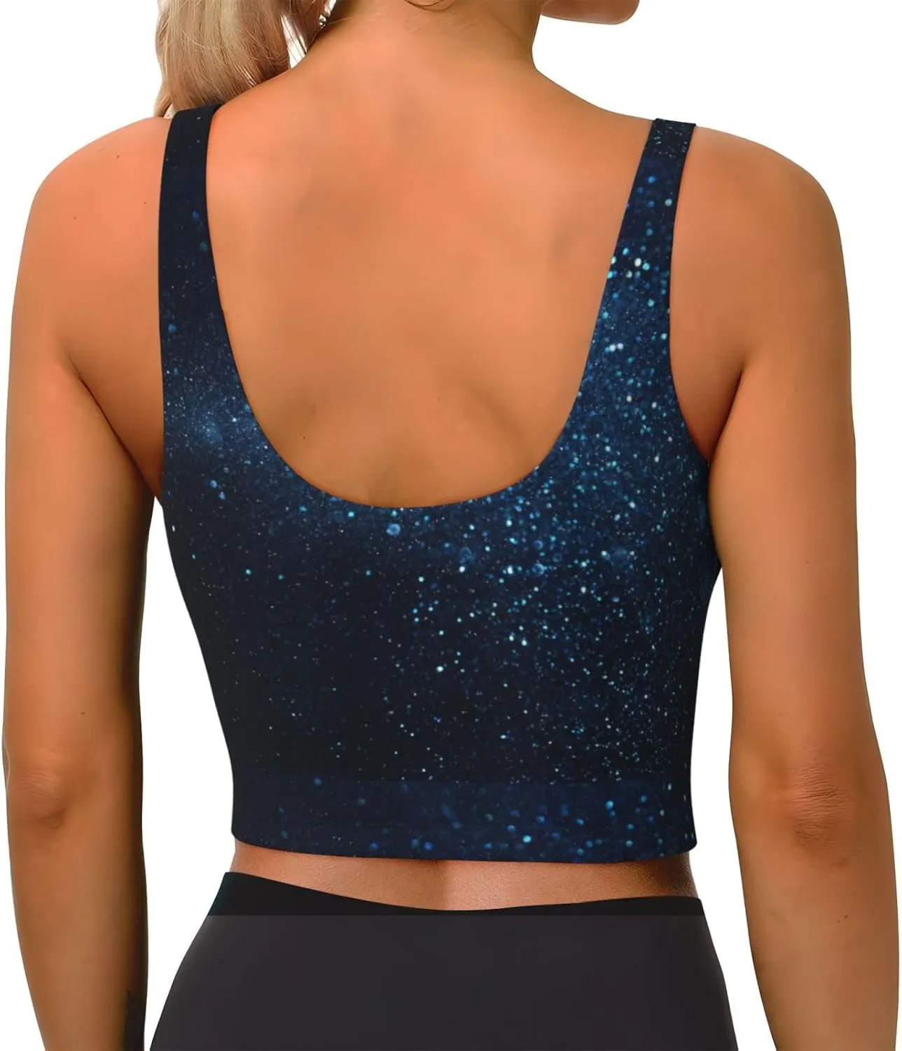 Blue Glitter Retro Sports Bras for Women Yoga Comfort Seamless Stretchy with Removable Pads