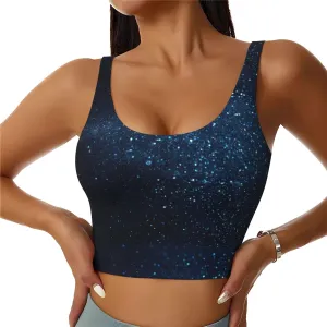 Blue Glitter Retro Sports Bras for Women Yoga Comfort Seamless Stretchy with Removable Pads