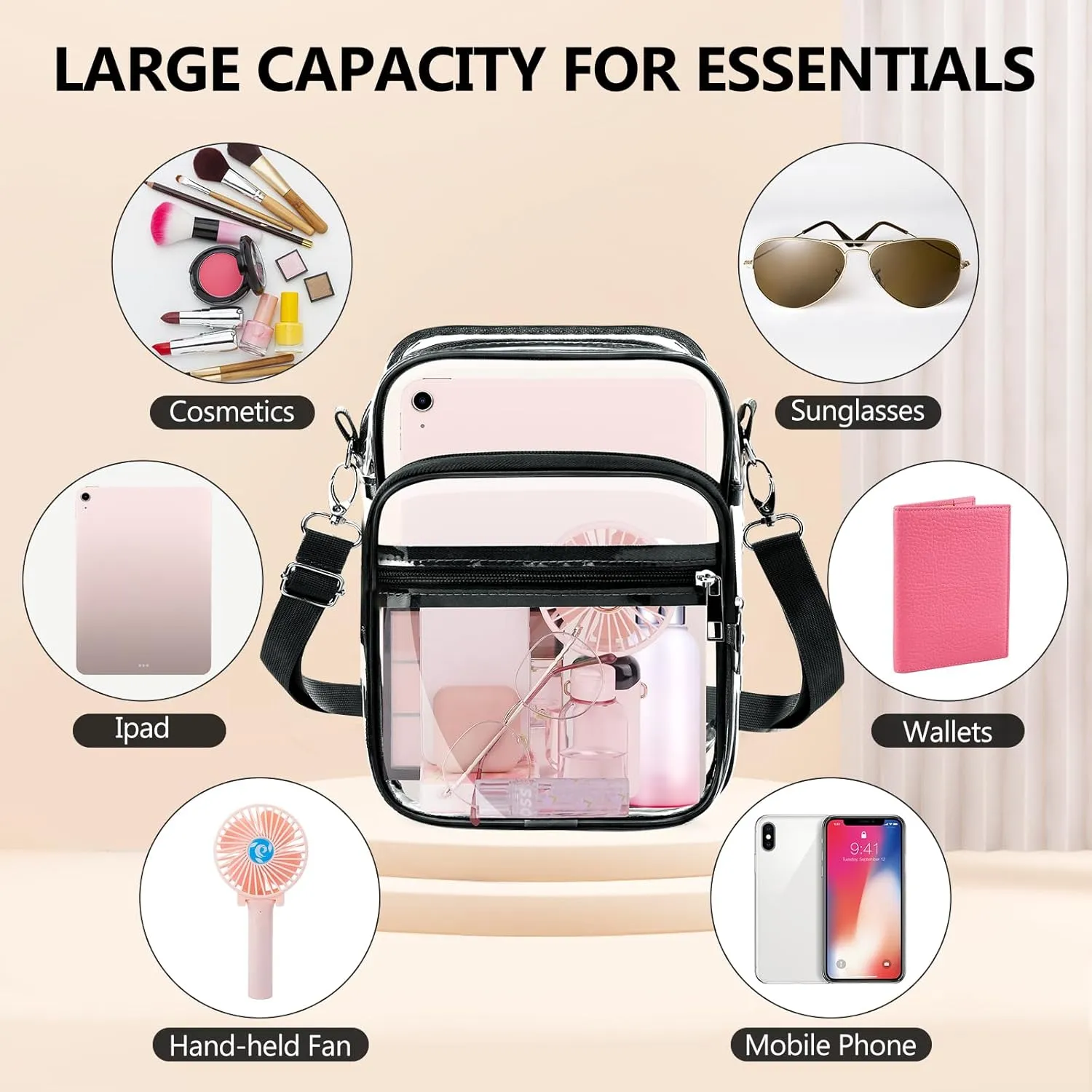 Blvornl Clear Crossbody Bag with Adjustable Shoulder Strap, Stadium Approved PVC Clear Purse Bag, Clear Messenger Bag
