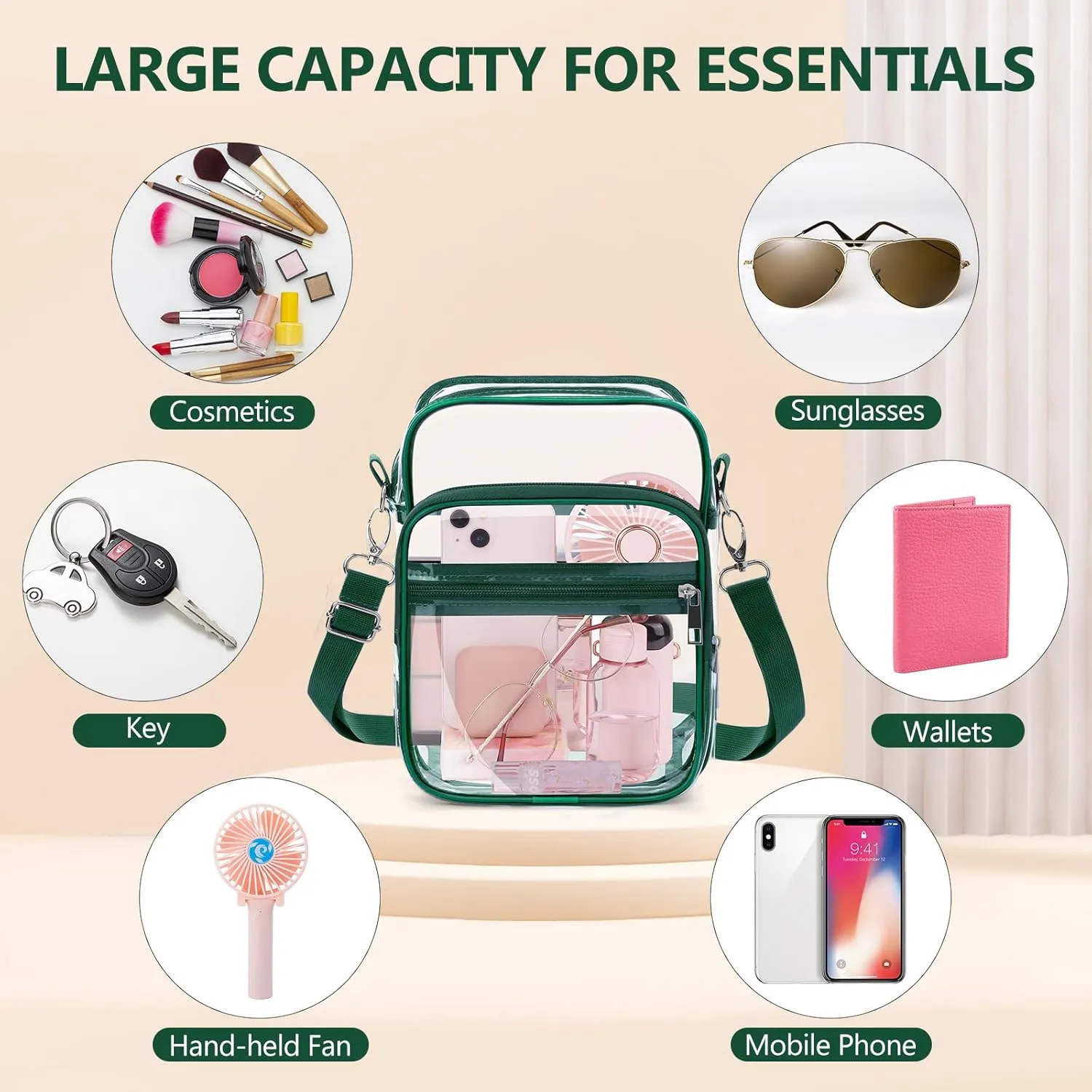 Blvornl Clear Crossbody Bag with Adjustable Shoulder Strap, Stadium Approved PVC Clear Purse Bag, Clear Messenger Bag