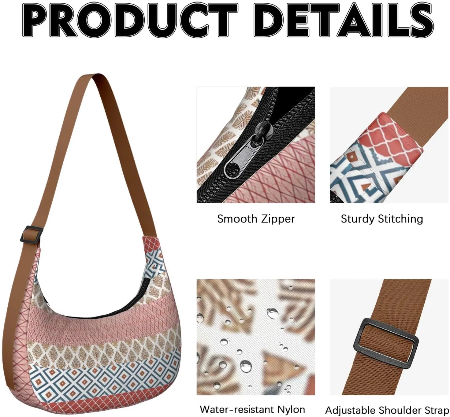 Bohemian Vintage Sling Crossbody Bag for Women Crescent Bag with Adjustable Strap Waterproof Nylon Shoulder Bag for Daily