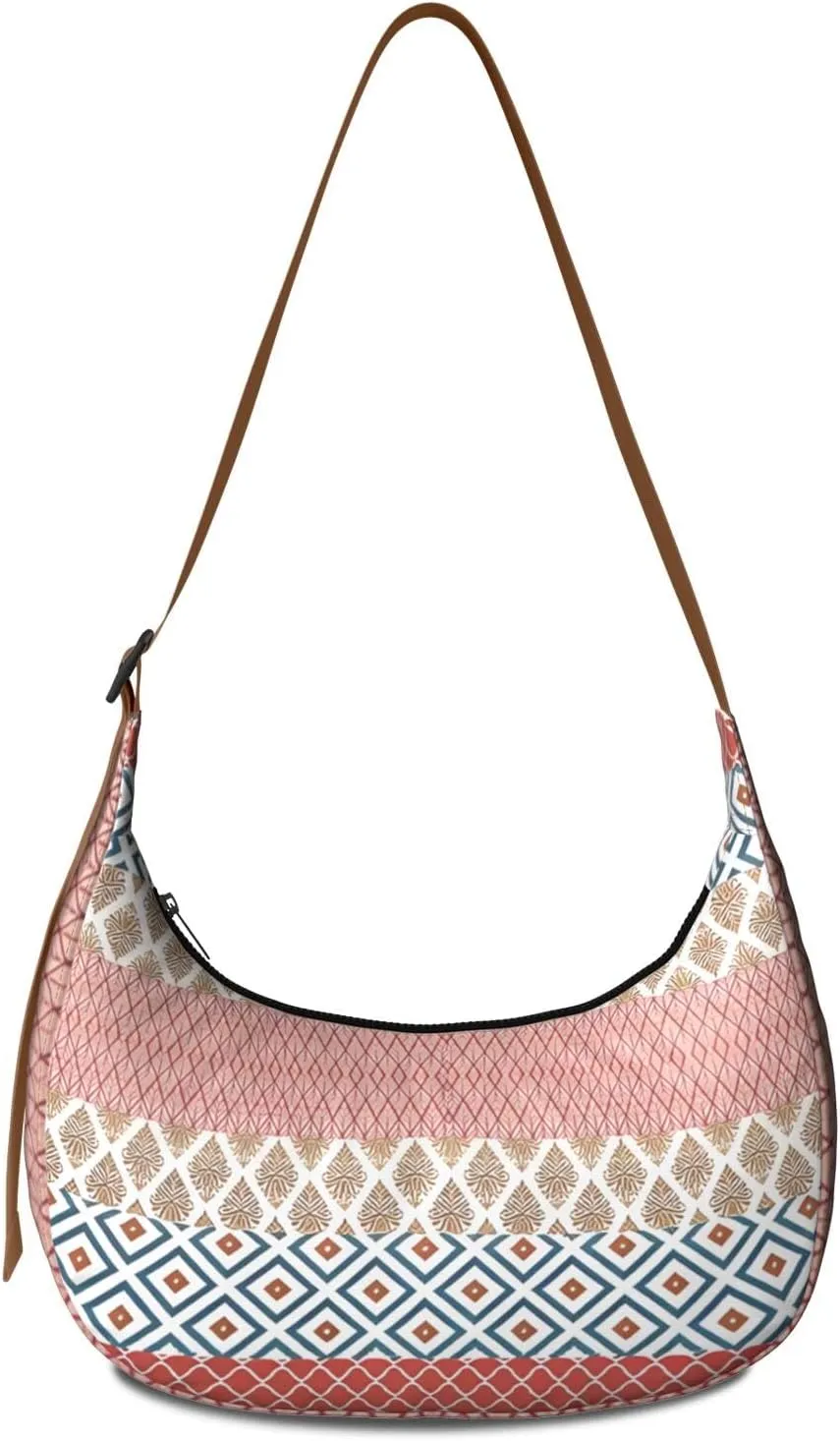 Bohemian Vintage Sling Crossbody Bag for Women Crescent Bag with Adjustable Strap Waterproof Nylon Shoulder Bag for Daily