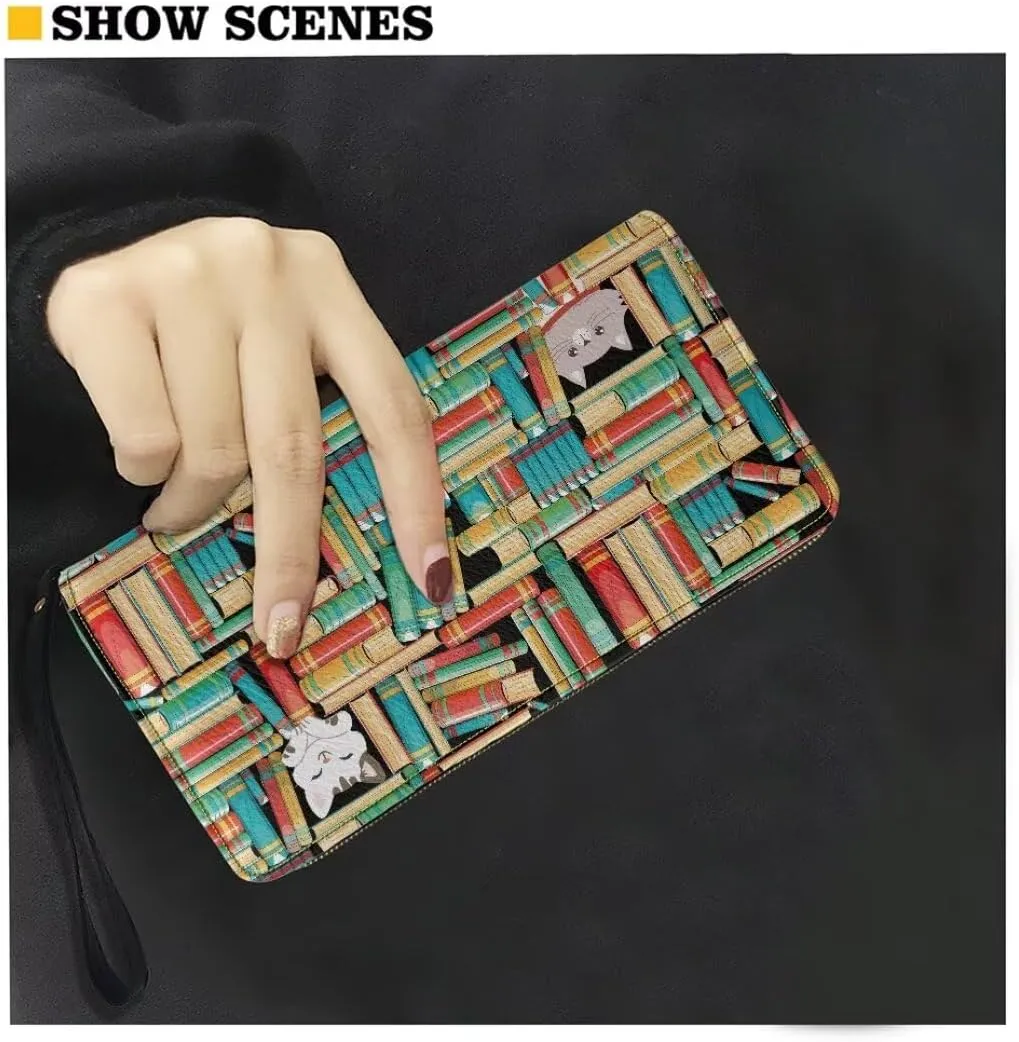 Bookshelf Cat PU Leather Credit Card Holder Clutch Wallets for Women