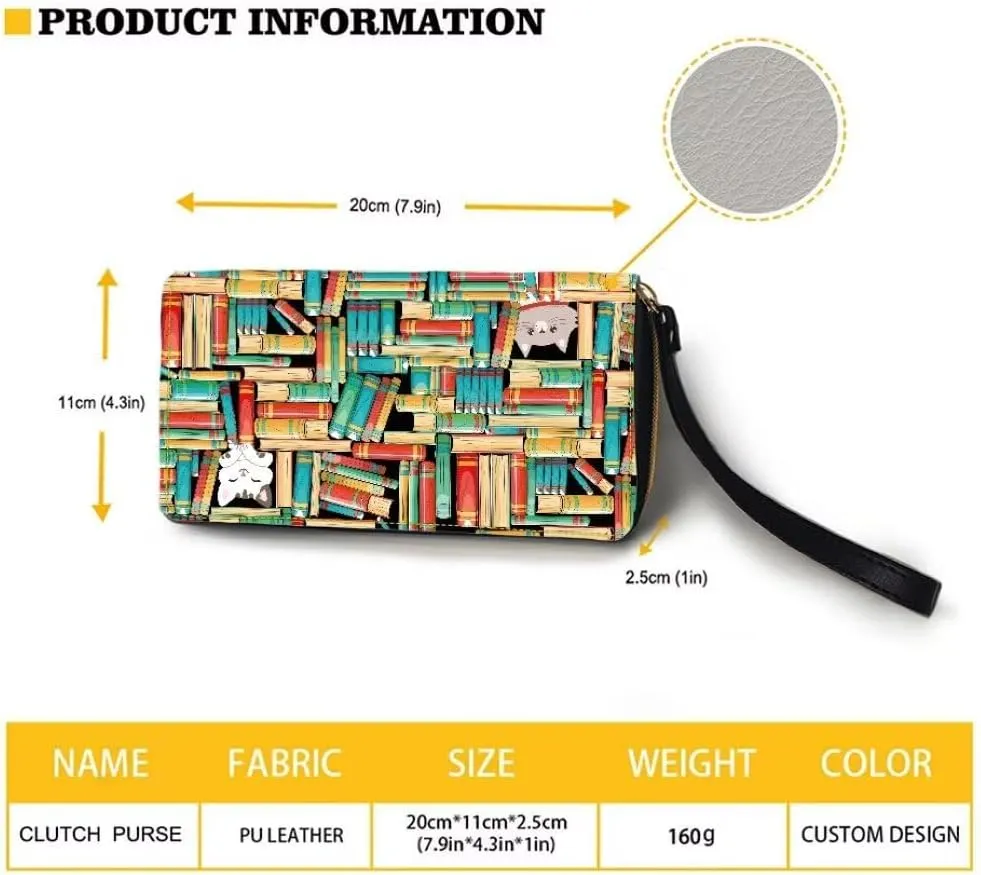 Bookshelf Cat PU Leather Credit Card Holder Clutch Wallets for Women
