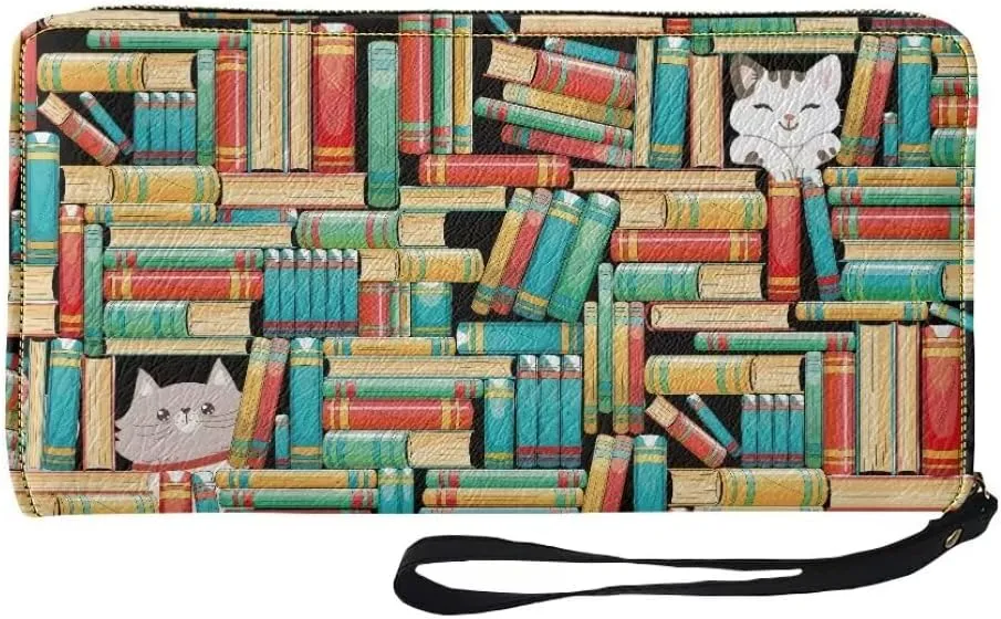 Bookshelf Cat PU Leather Credit Card Holder Clutch Wallets for Women