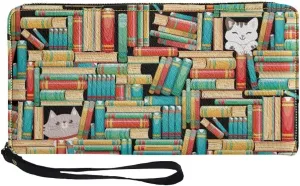 Bookshelf Cat PU Leather Credit Card Holder Clutch Wallets for Women