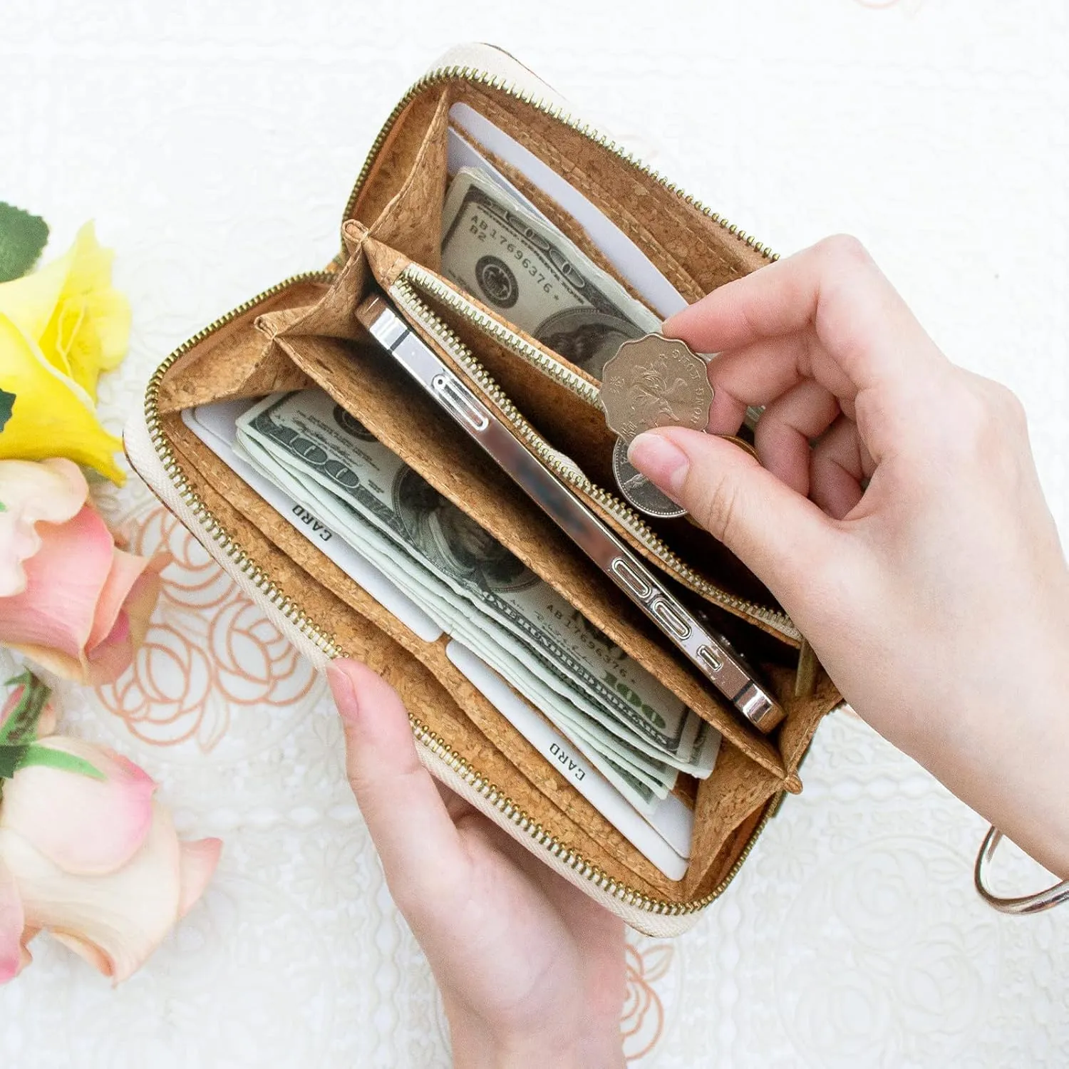 boshiho Vegan Cork Wallets Purse Handbags for Womens Eco Friendly Cork Cell Phone Clutch Bag