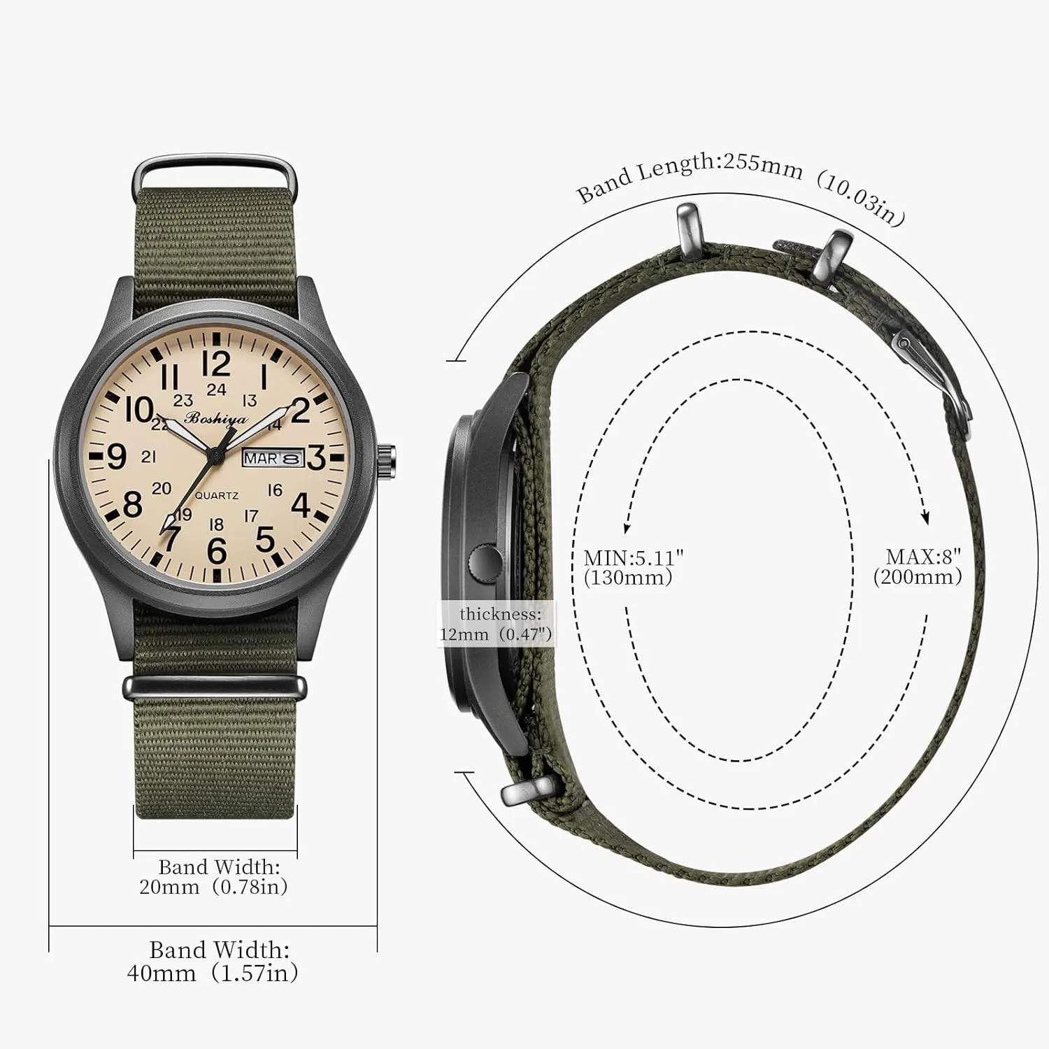 BOSHIYA Military Watches for Men Sports Waterproof Mens Watches for Army Tactical Field, Luminous Analog Quartz Military Watches 12/24Hr Display
