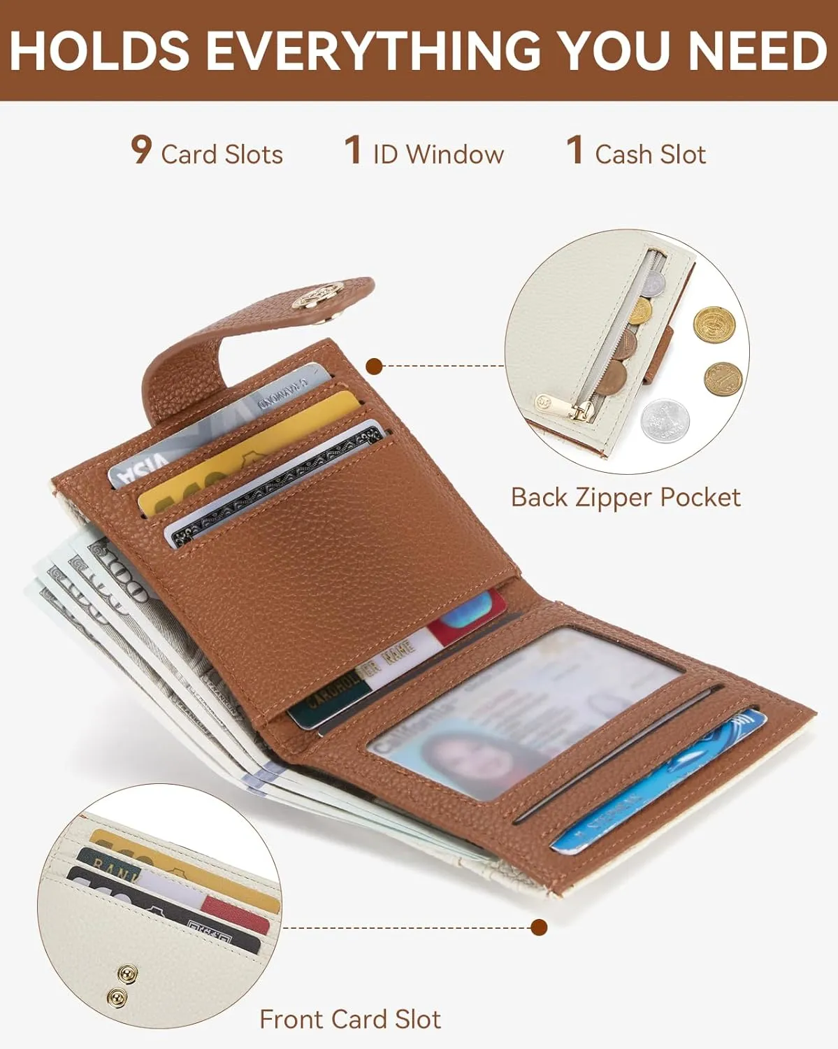 BOSTANTEN Slim Wallet for Women Small RFID Blocking Credit Card Holder Leather Bifold Wallets with Zipper Coin Pocket Beige＆Brown