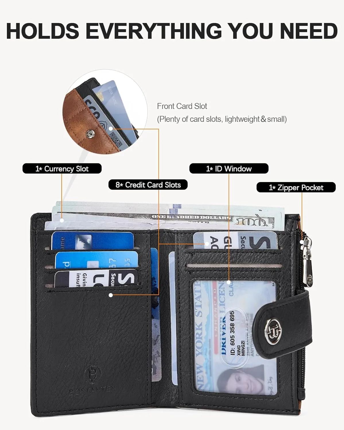 BOSTANTEN Small Wallet for Women Leather RFID Blocking Card Holder Bifold Compact Wallets With Zipper Coin Pocket Black＆Brown