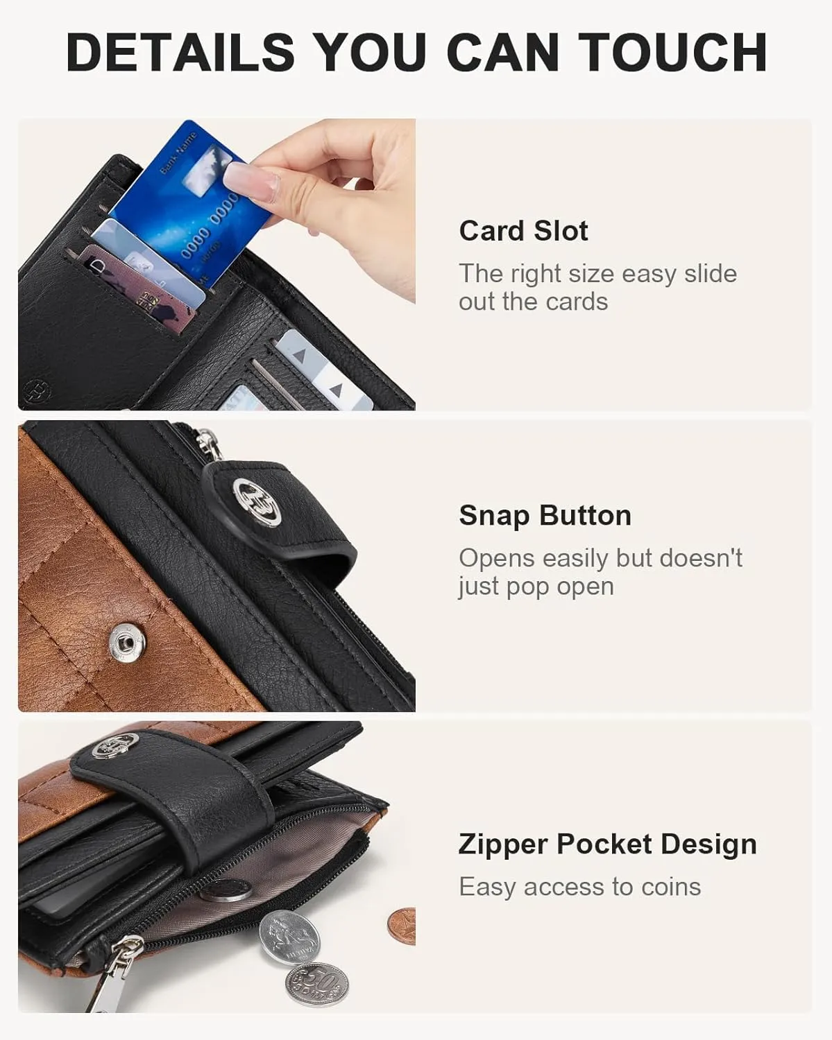 BOSTANTEN Small Wallet for Women Leather RFID Blocking Card Holder Bifold Compact Wallets With Zipper Coin Pocket Black＆Brown