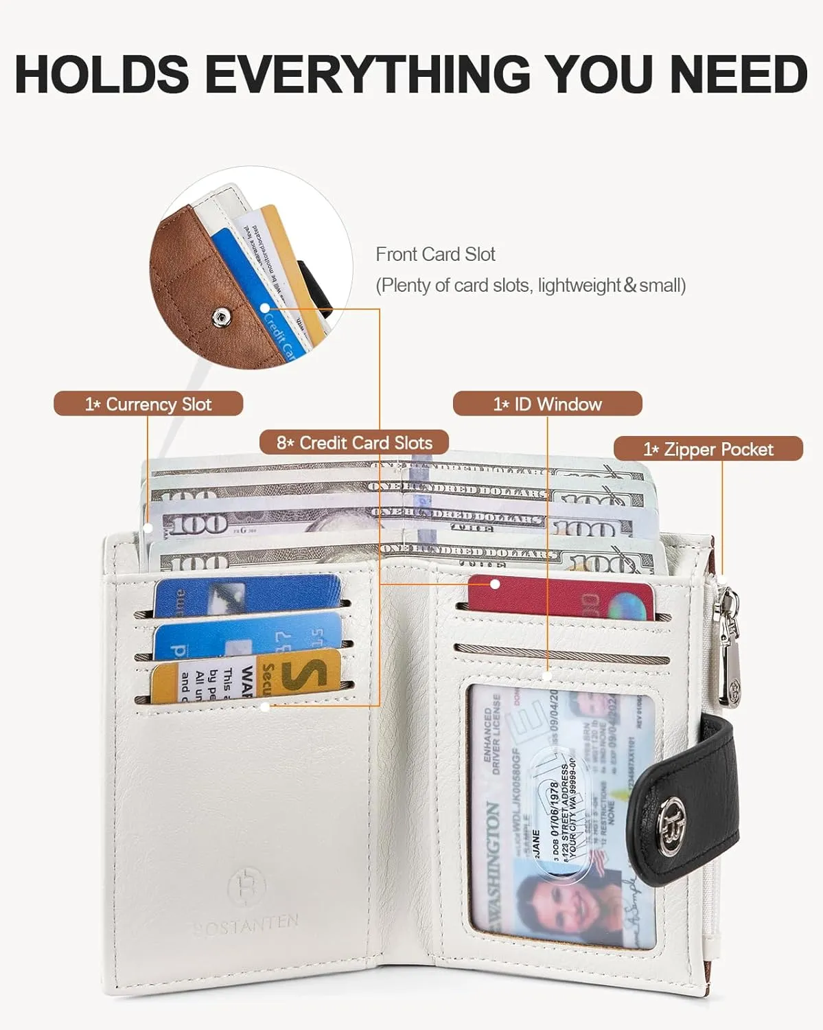 BOSTANTEN Small Wallet for Women Leather RFID Blocking Card Holder Bifold Compact Wallets With Zipper Coin Pocket Brown＆Beige＆Black