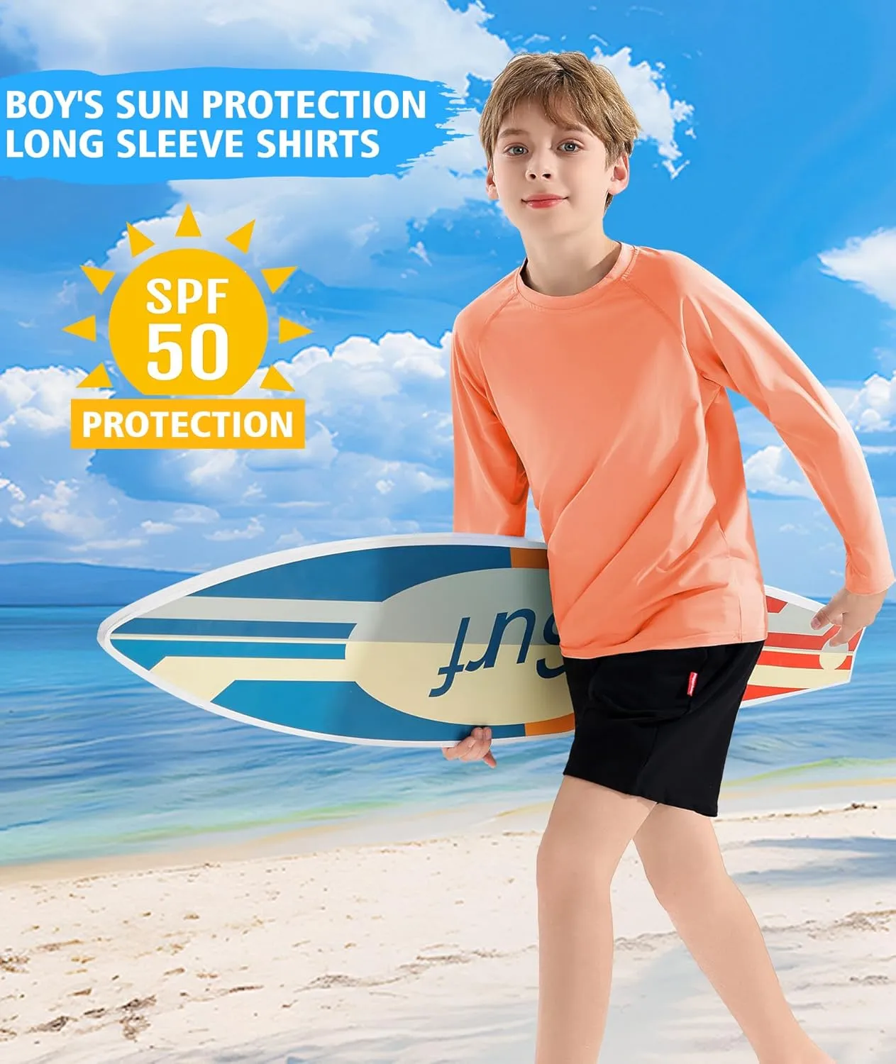 Boys' Rash Guard Long Sleeve Swim Shirt UPF 50  Sun UV Protection Rashguard Kids Beach Fishing Shirts, 2 Pack
