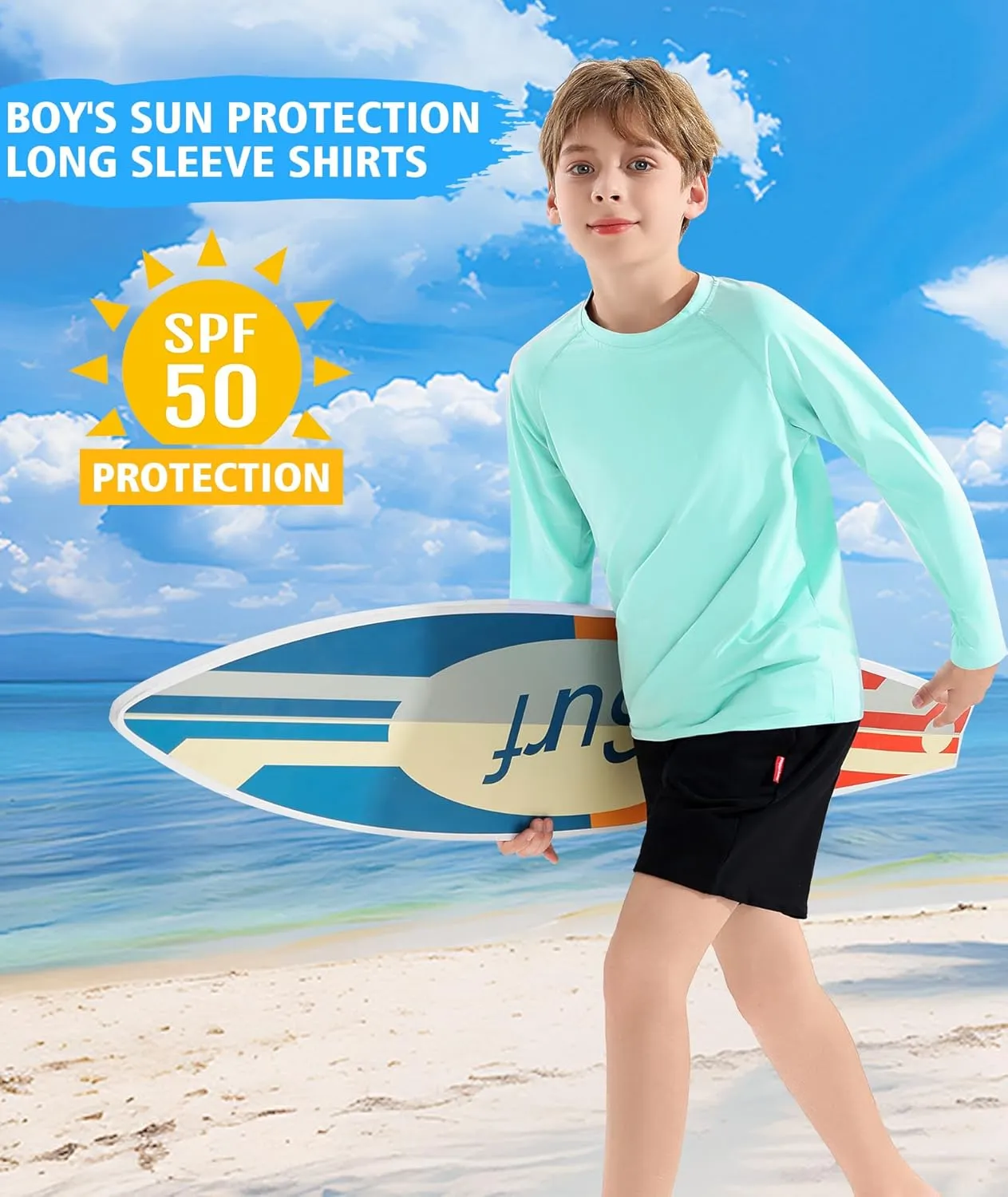 Boys' Rash Guard Long Sleeve Swim Shirt UPF 50  Sun UV Protection Rashguard Kids Beach Fishing Shirts, 2 Pack
