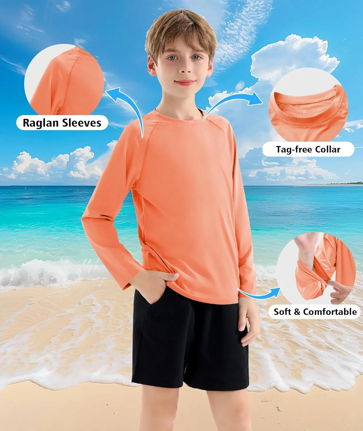 Boys' Rash Guard Long Sleeve Swim Shirt UPF 50  Sun UV Protection Rashguard Kids Beach Fishing Shirts, 2 Pack