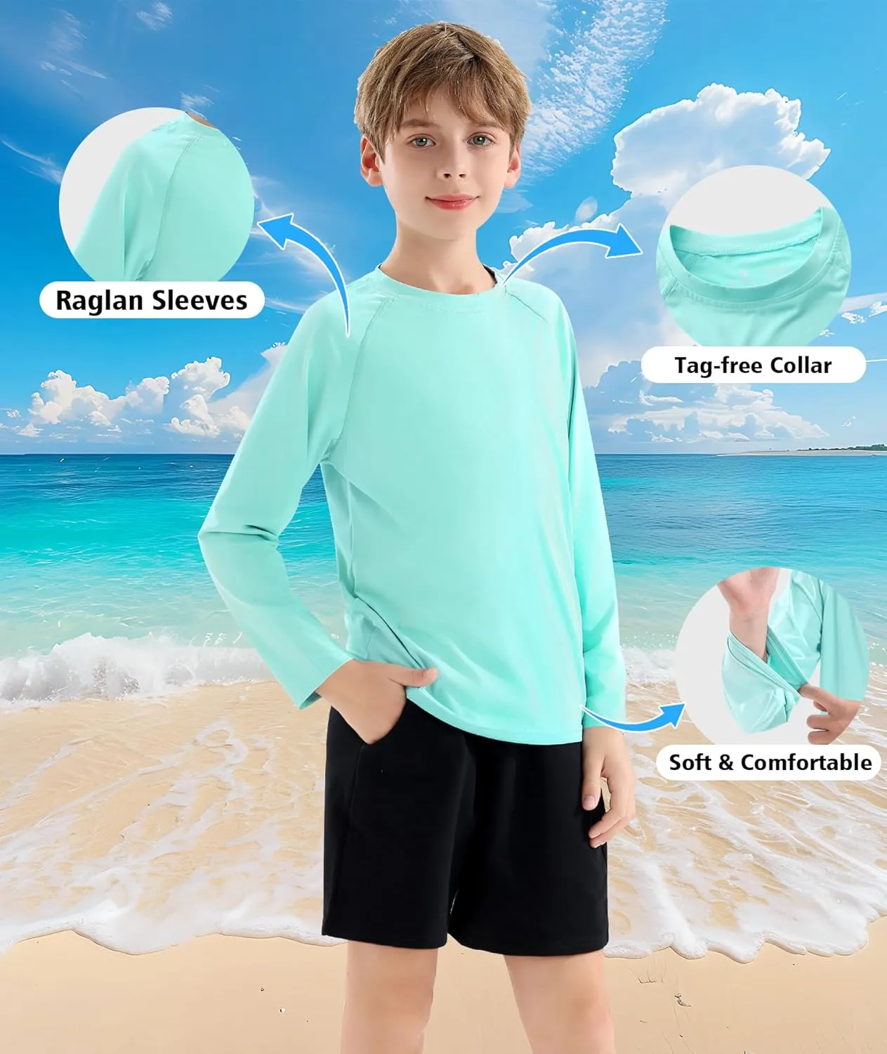 Boys' Rash Guard Long Sleeve Swim Shirt UPF 50  Sun UV Protection Rashguard Kids Beach Fishing Shirts, 2 Pack