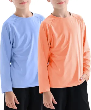 Boys' Rash Guard Long Sleeve Swim Shirt UPF 50  Sun UV Protection Rashguard Kids Beach Fishing Shirts, 2 Pack