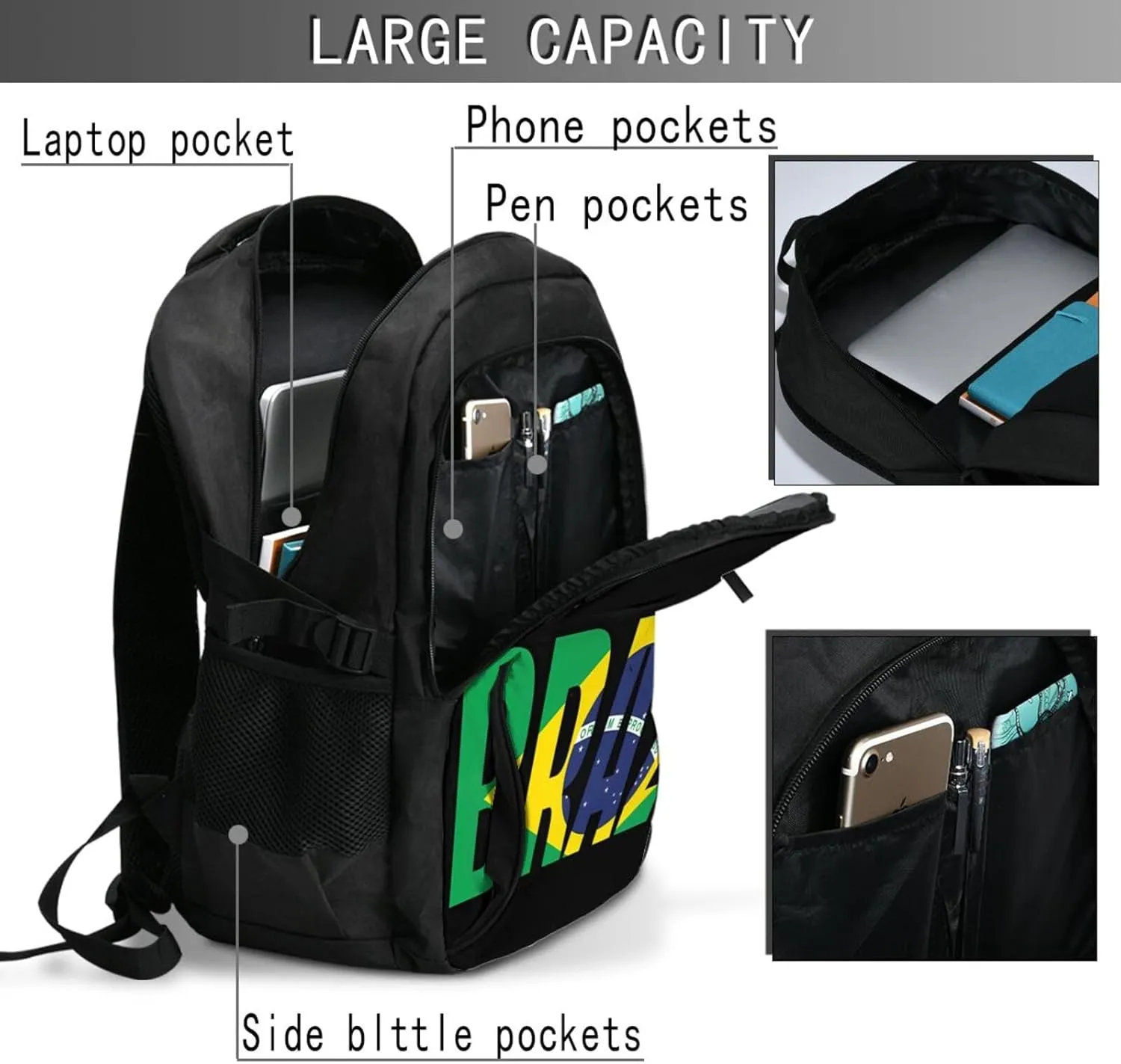 Brazil Brazilian Flag Casual Travel Backpacks Hiking Camping Backpack Large Outdoor Sport Daypack Laptop Rucksack Climbing Working Bags with USB Port