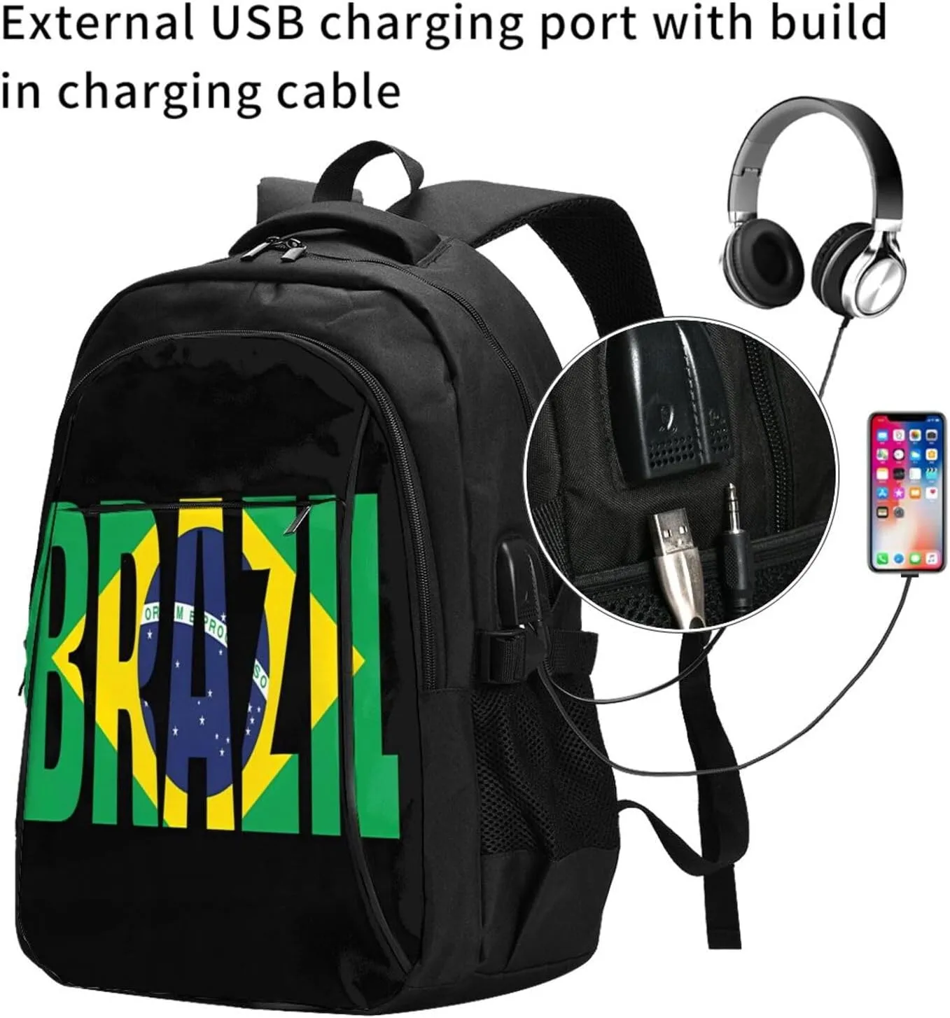 Brazil Brazilian Flag Casual Travel Backpacks Hiking Camping Backpack Large Outdoor Sport Daypack Laptop Rucksack Climbing Working Bags with USB Port