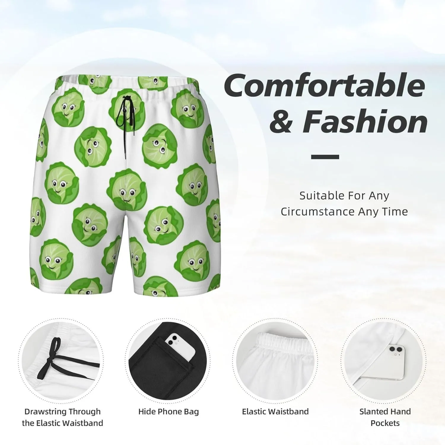 Bright Cabbage Cute Eyes Funny Funny Men's Swim Trunks Board Shorts Quick Dry-