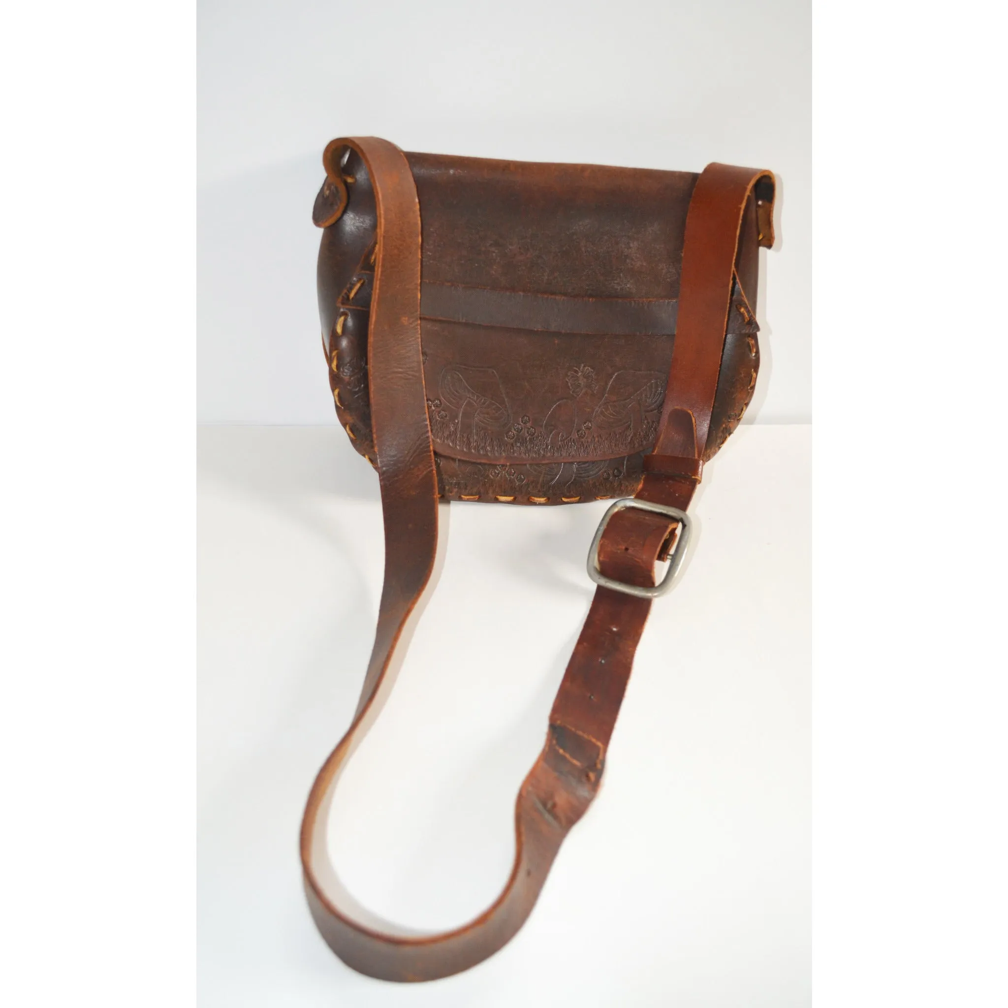 Brown Tooled Leather Mushroom Hippy Purse