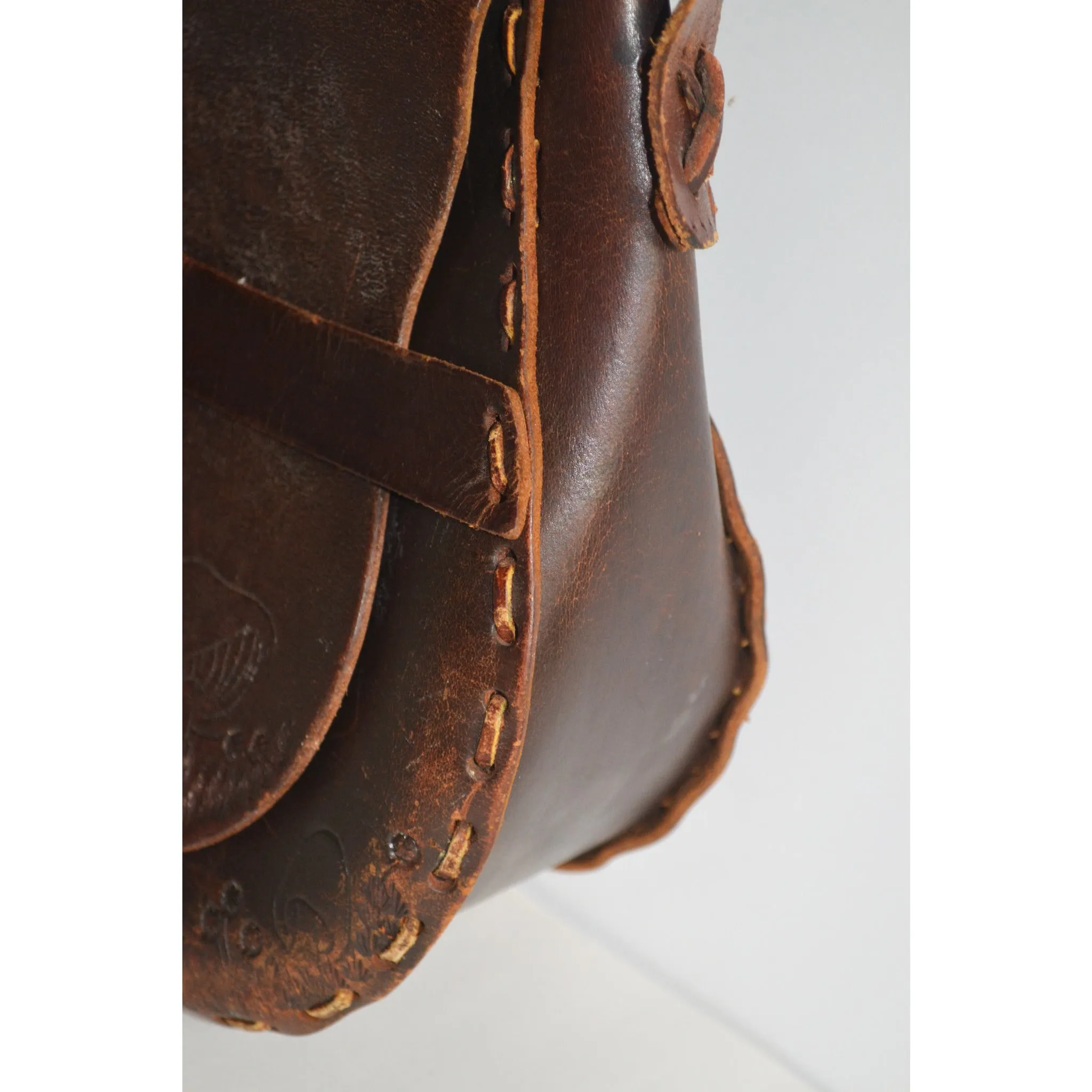 Brown Tooled Leather Mushroom Hippy Purse