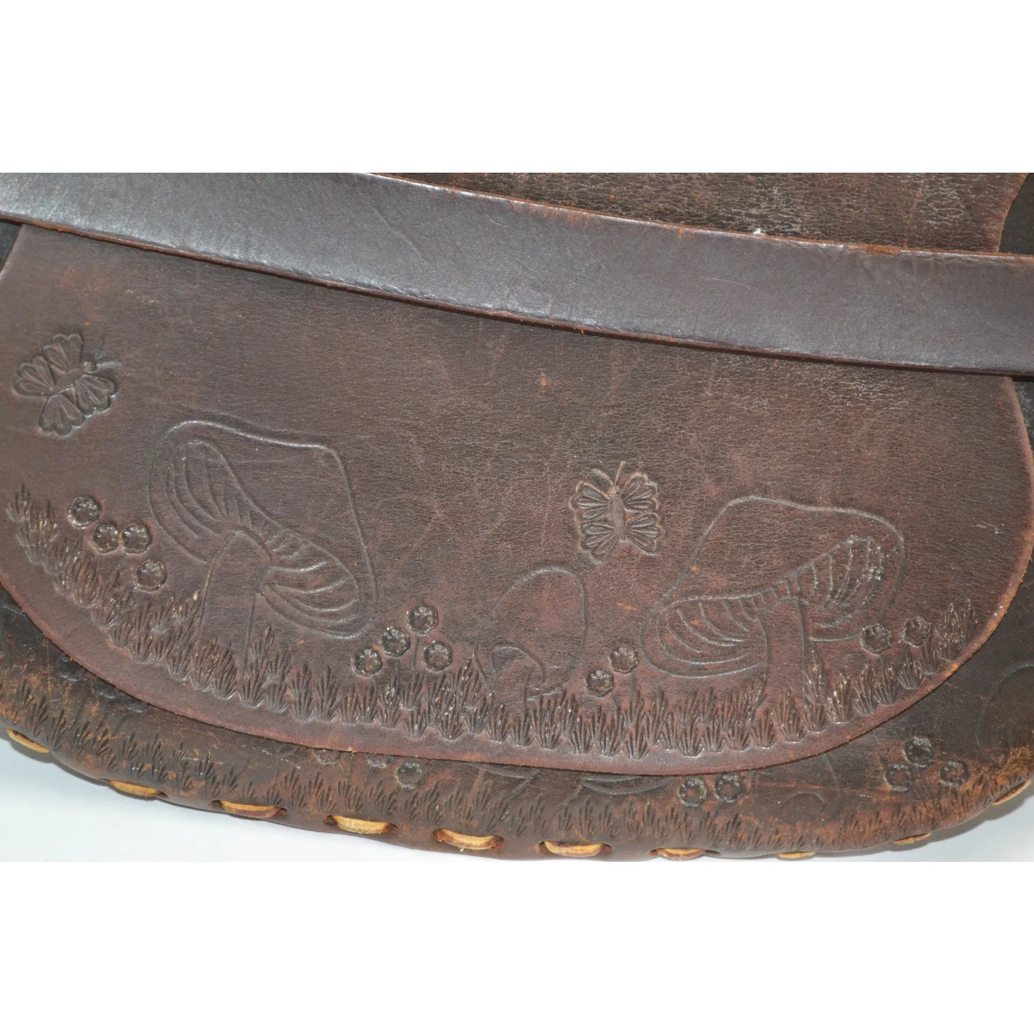 Brown Tooled Leather Mushroom Hippy Purse