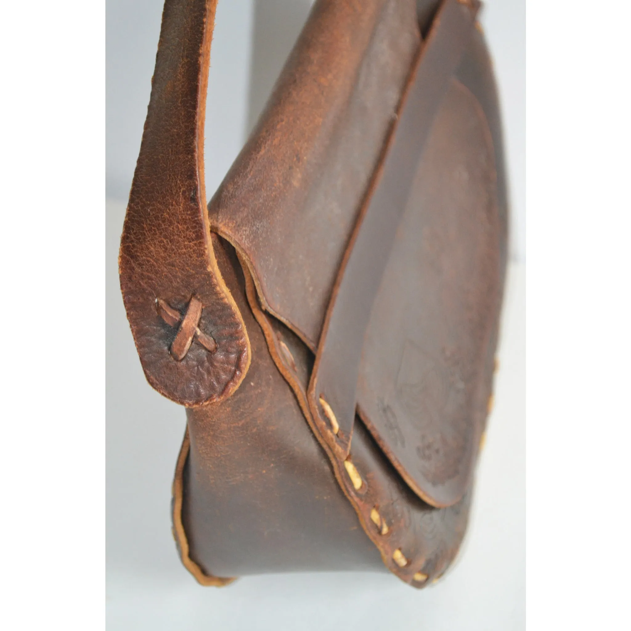 Brown Tooled Leather Mushroom Hippy Purse