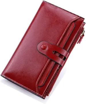 Brush Women's Purse Cowhide Vintage Money Clip Long Oil Wax Leather Mobile Phone Clutch Bag