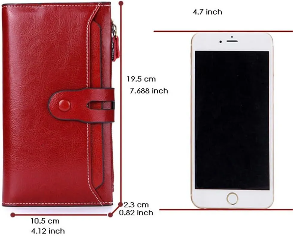 Brush Women's Purse Cowhide Vintage Money Clip Long Oil Wax Leather Mobile Phone Clutch Bag