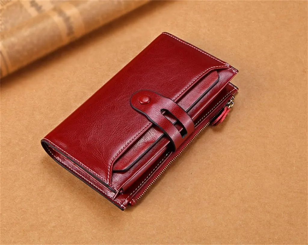 Brush Women's Purse Cowhide Vintage Money Clip Long Oil Wax Leather Mobile Phone Clutch Bag
