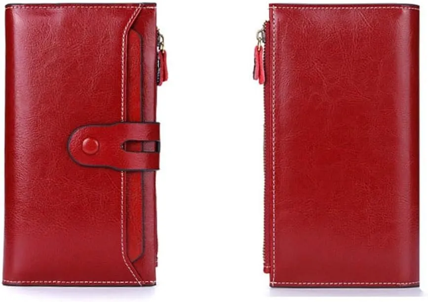 Brush Women's Purse Cowhide Vintage Money Clip Long Oil Wax Leather Mobile Phone Clutch Bag