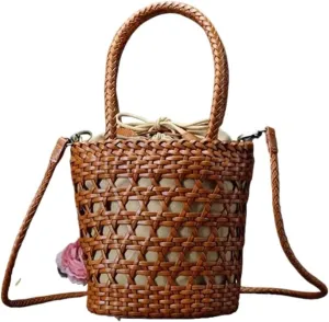 Bucket Women's Bag Messenger Shoulder Bag Cowhide Hollow Woven Bag Summer Casual Inner Fabric Vintag Shopping Bag(A1)