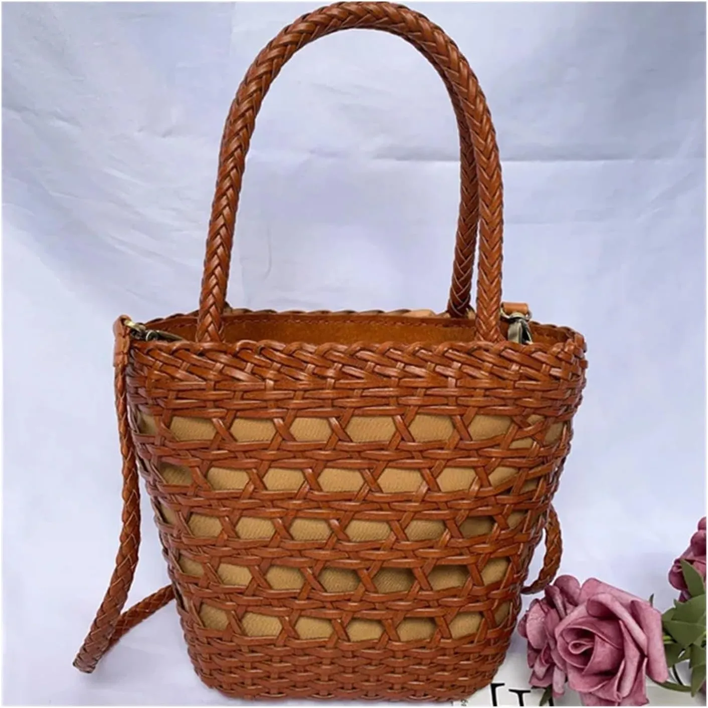Bucket Women's Bag Messenger Shoulder Bag Cowhide Hollow Woven Bag Summer Casual Inner Fabric Vintag Shopping Bag(A1)