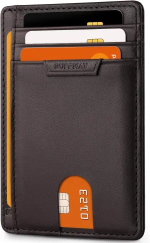 Buffway Slim Wallet for Men Women Minimalist Small Leather Front Pocket Wallets with RFID Blocking and Gifts Box - Bassa Chocolate
