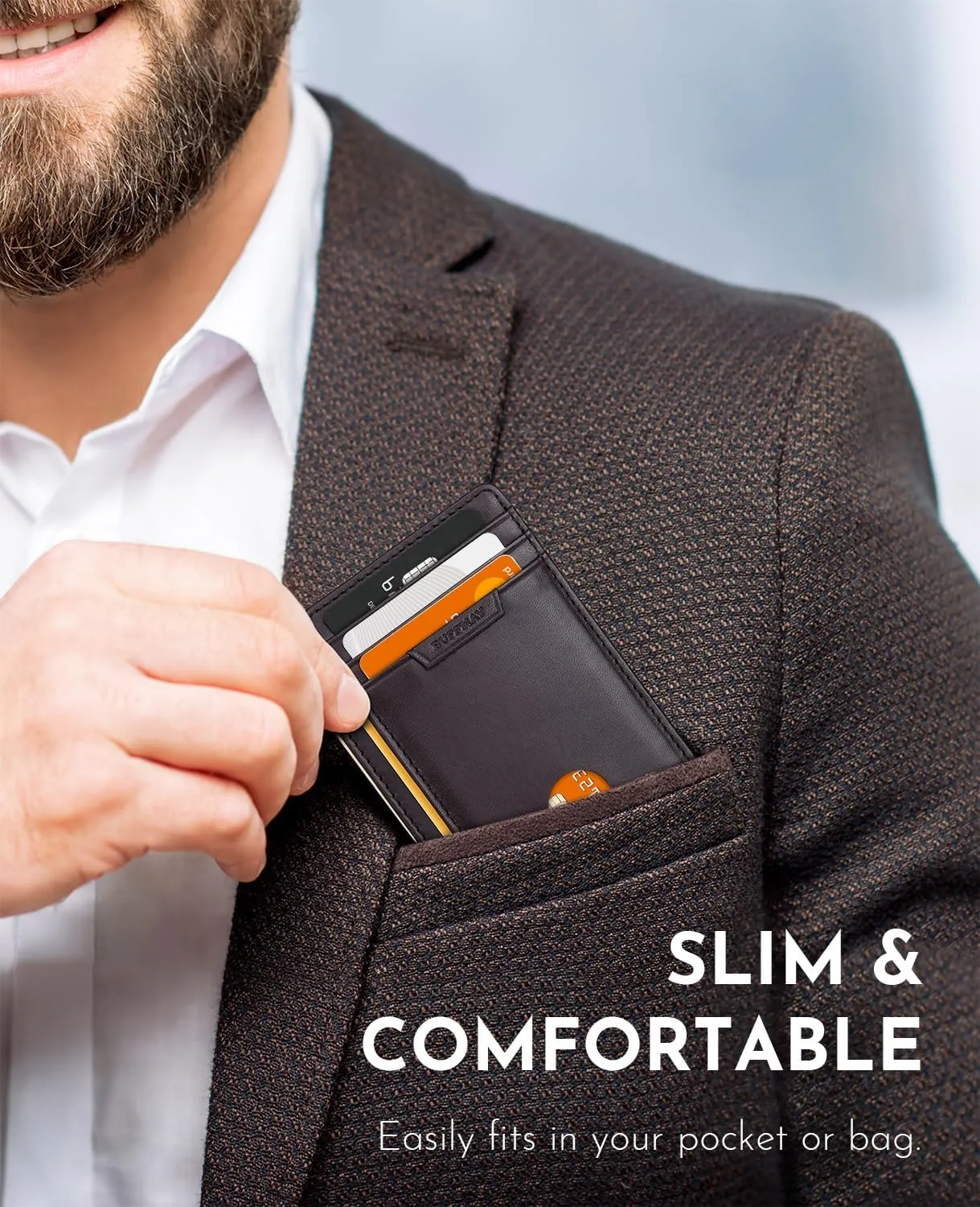Buffway Slim Wallet for Men Women Minimalist Small Leather Front Pocket Wallets with RFID Blocking and Gifts Box - Bassa Chocolate