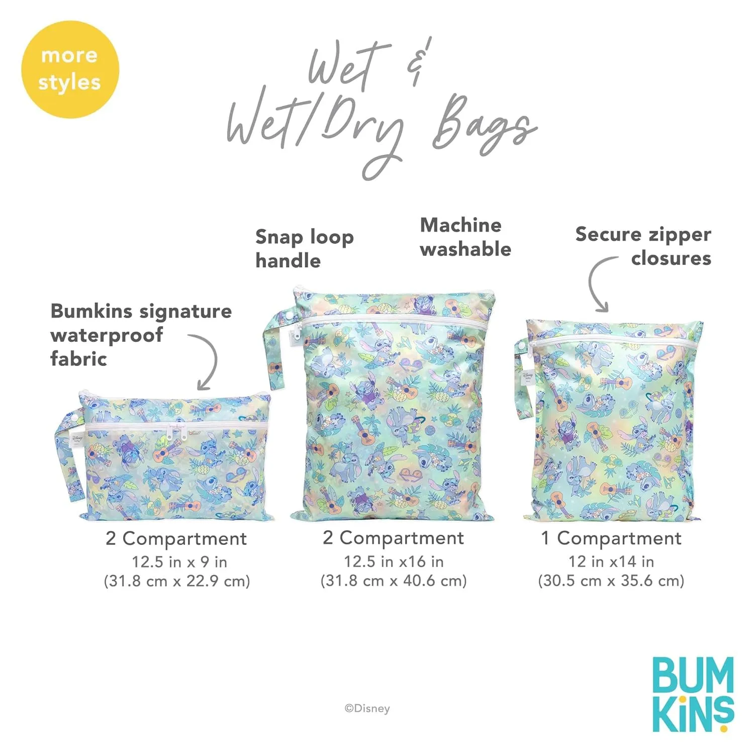 Bumkins Disney Waterproof Wet Dry Bag for Baby, Travel, Swimsuit, Cloth Diapers, Pump Parts, Pool, Beach, Gym Clothes, Toiletry, Hook to Stroller, Daycare, Zipper Reusable Wetdry Packing, Aloha Stitch