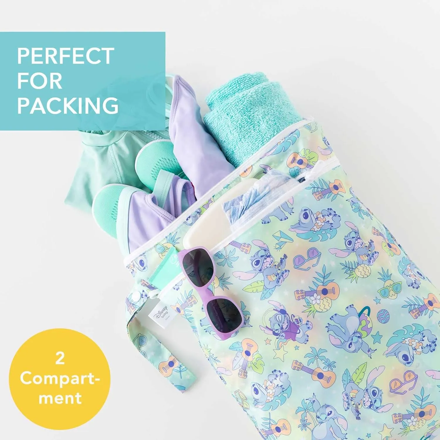 Bumkins Disney Waterproof Wet Dry Bag for Baby, Travel, Swimsuit, Cloth Diapers, Pump Parts, Pool, Beach, Gym Clothes, Toiletry, Hook to Stroller, Daycare, Zipper Reusable Wetdry Packing, Aloha Stitch