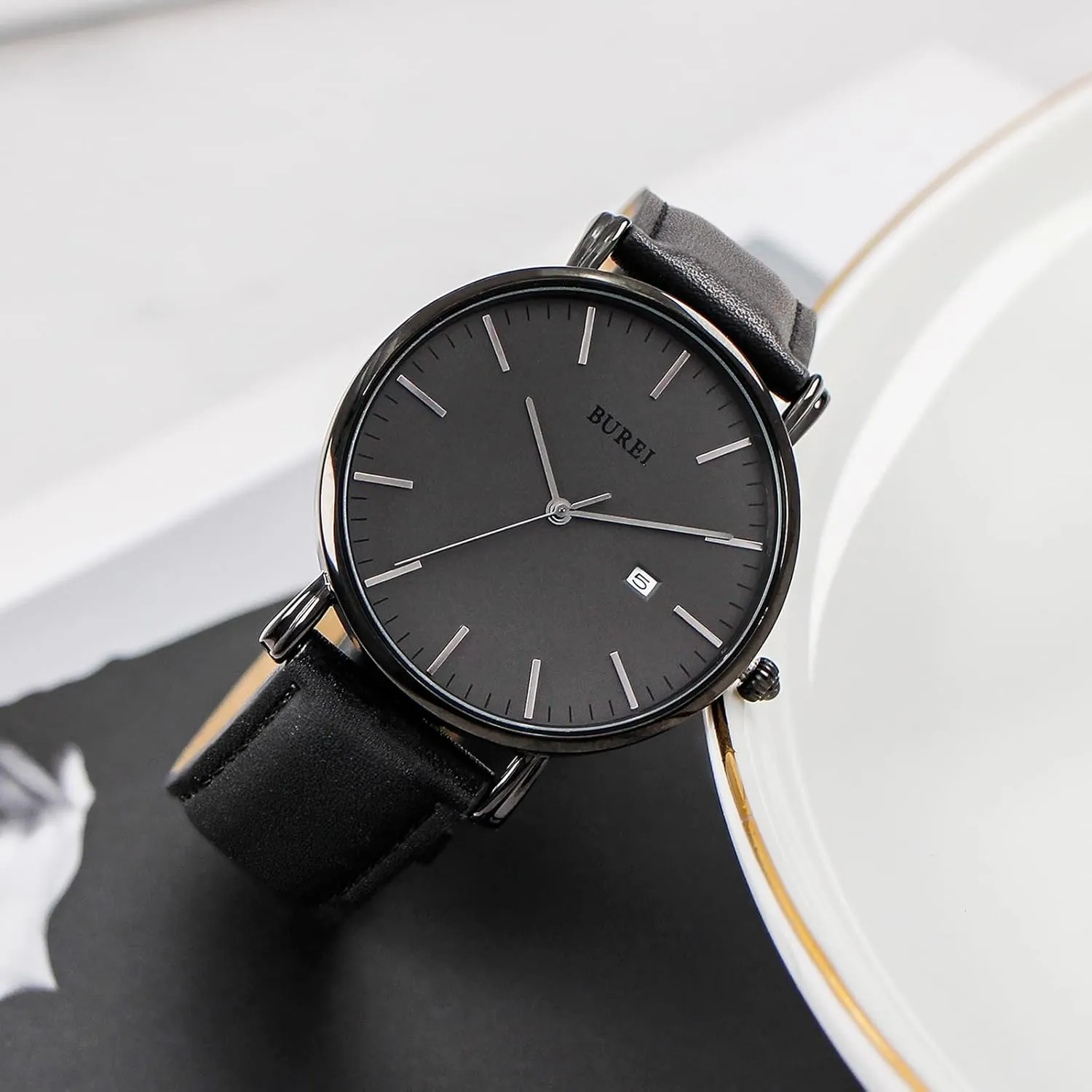 BUREI Men's Fashion Minimalist Wrist Watch All Black Watch Analog Quartz Date Watch with Leather Strap Waterproof Simple Watch for Men Unisex Dress Wrist Watch