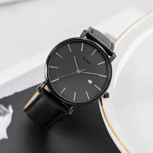 BUREI Men's Fashion Minimalist Wrist Watch All Black Watch Analog Quartz Date Watch with Leather Strap Waterproof Simple Watch for Men Unisex Dress Wrist Watch