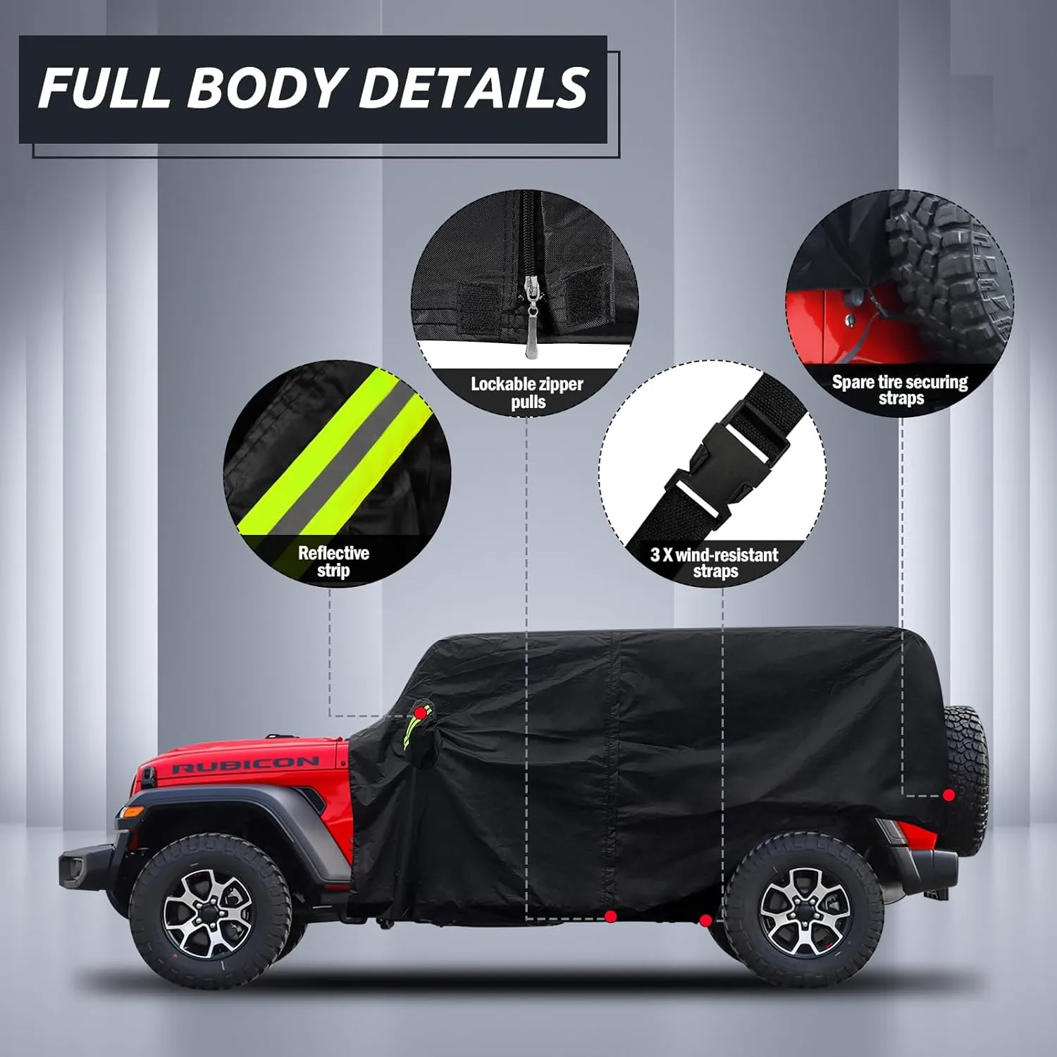 Cab Cover for Jeep Wrangler JK JL 4 Door 2007-2025 & Top Off, Jeep Wrangler Covers 4 Door Waterproof with Driver Door Zipper Windproof Straps All Weather Snow Rain UV Protection