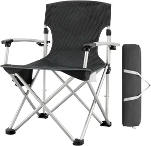Camping Chair Heavy Duty Fold Arm Chair Support 300 LBS with Side Pockets for Outdoor Garden Beach Fishing-Black