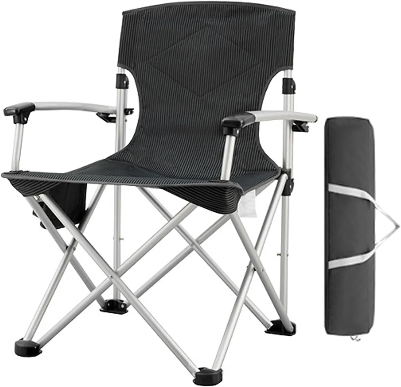 Camping Chair Heavy Duty Fold Arm Chair Support 300 LBS with Side Pockets for Outdoor Garden Beach Fishing-Black