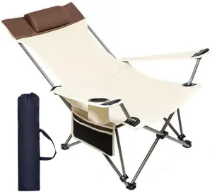 Camping Chairs Adjustable Backrest Portable Folding Reclining with Cup Holder for Outdoor Fishing Hiking Picnic Beach-White
