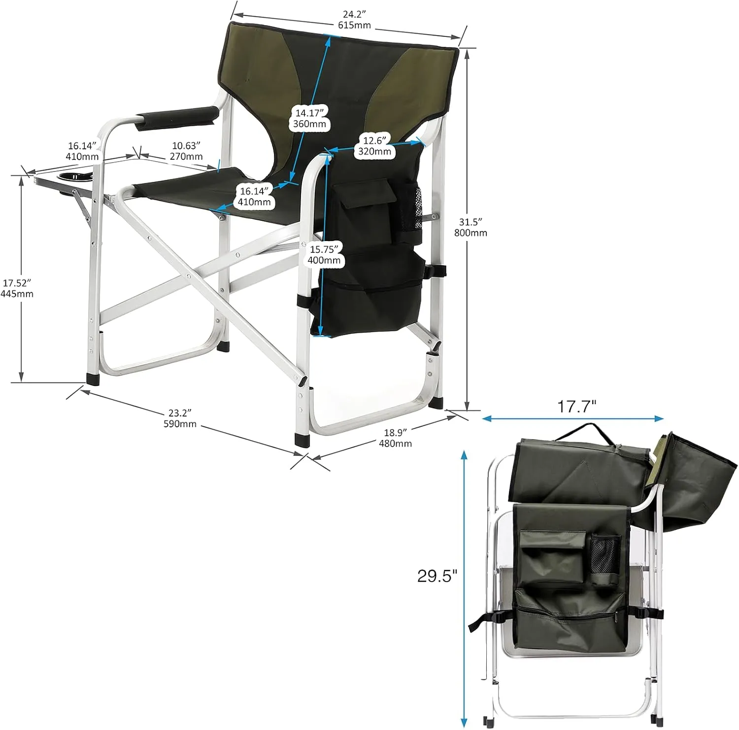 Camping Directors Chair, Heavy Duty,Oversized Portable Folding Chair with Side Table, Pocket for Beach, Fishing,Trip,Picnic,Lawn,Concert Outdoor Foldable Camp Chairs, Green